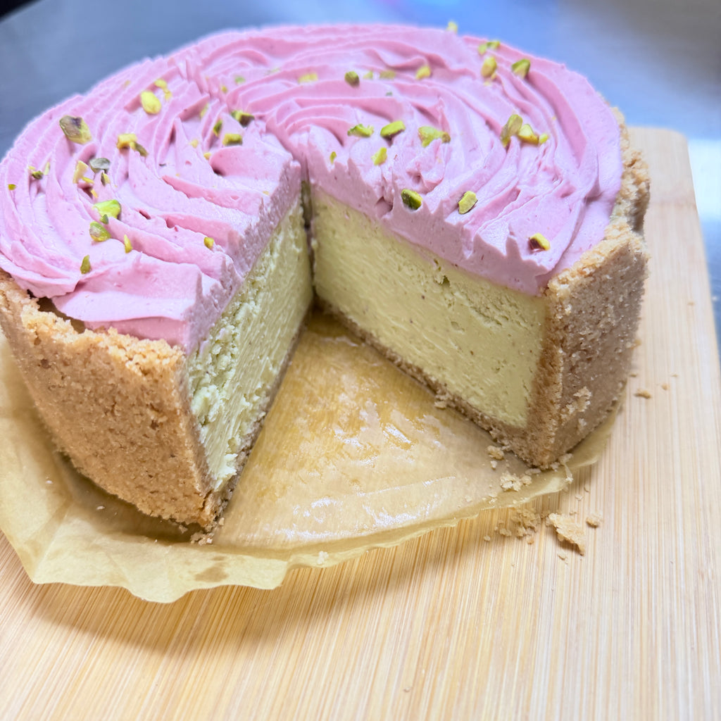 Pistachio raspberry cheesecake